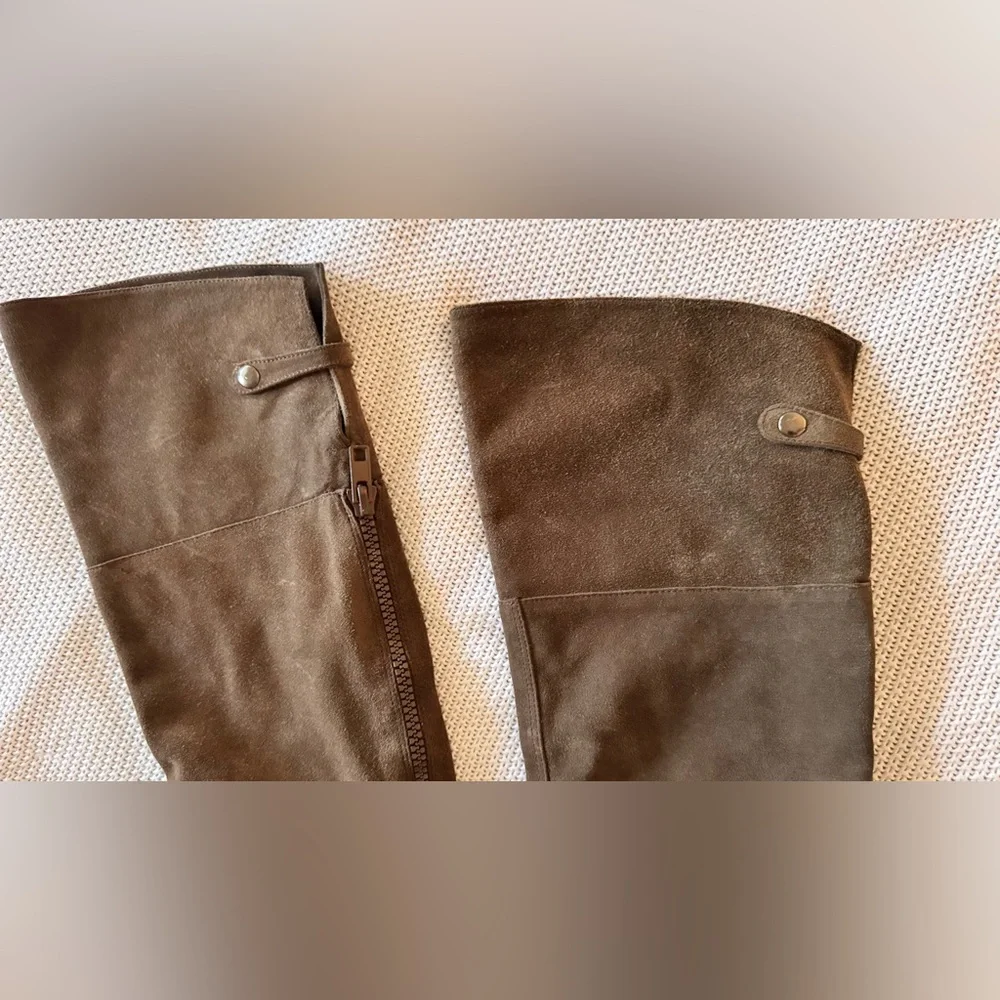 STEVE MADDEN Parralel Suede Leather Taupe Brown Over the Knee Wedge Boots